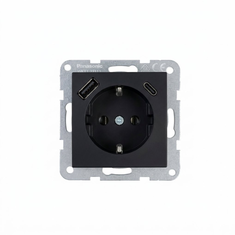 Base de enchufe con cargador USB tipo A+C y con tecla negra Panasonic Karre Plus 55