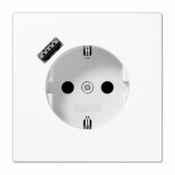 Enchufe Schuko con cargador USB tipo A en blanco alpino jung LS 990. Ref: LS1520-18AWW