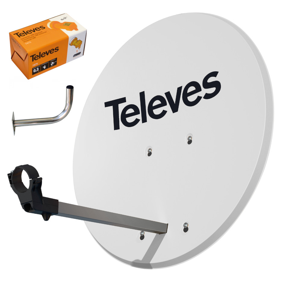 Kit Parábola de acero galvanizado de Televés 80cm con LNB 7475 de Televés y soporte pared en L 7393 de Televés