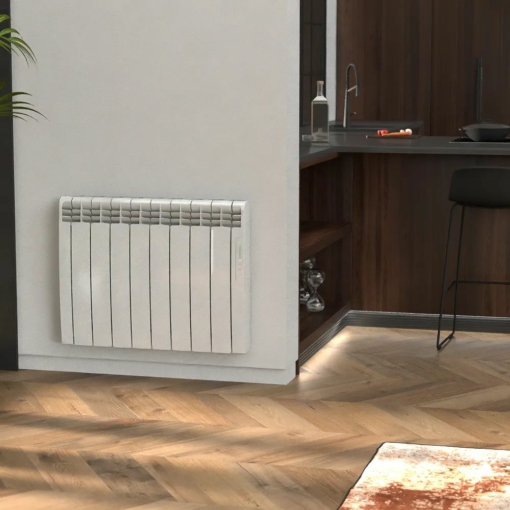 Ejemplo de montaje en pared de emisor Eoniq blanco